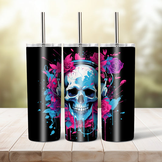 Skull with headphones,  20 oz tumbler