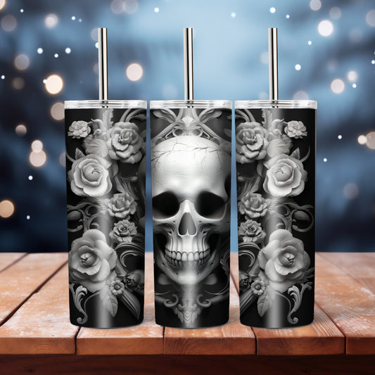 Black And White Floral Skull  -  20 oz tumbler